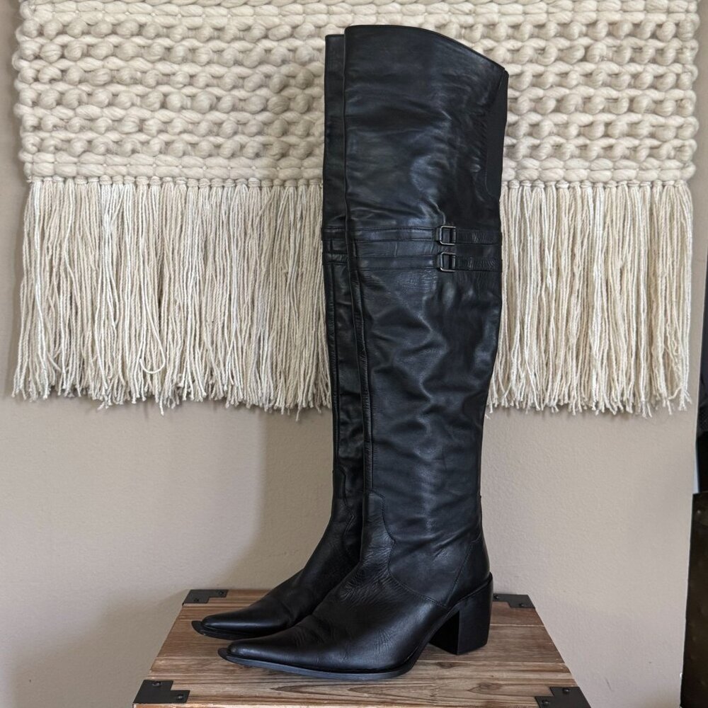 Eden Shoes Black Leather Long Pointy Toe Western Over The Knee Boots Size 40 / 9